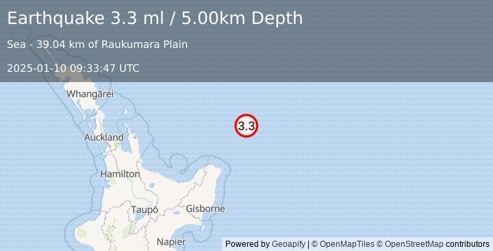 Earthquake OFF E. COAST OF N. ISLAND, N.Z. (3.3 ml) (2025-01-10 09:33:47 UTC)