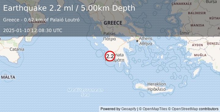 Earthquake SOUTHERN GREECE (2.2 ml) (2025-01-10 12:08:30 UTC)