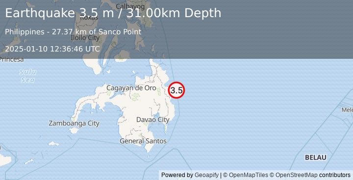 Earthquake MINDANAO, PHILIPPINES (3.5 m) (2025-01-10 12:36:46 UTC)