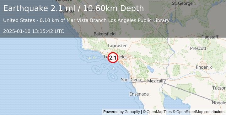 Earthquake GREATER LOS ANGELES AREA, CALIF. (2.1 ml) (2025-01-10 13:15:42 UTC)