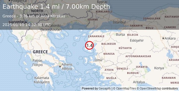 Earthquake NEAR THE COAST OF WESTERN TURKEY (1.4 ml) (2025-01-10 14:32:30 UTC)