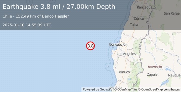 Earthquake OFF COAST OF BIO-BIO, CHILE (3.8 ml) (2025-01-10 14:55:39 UTC)