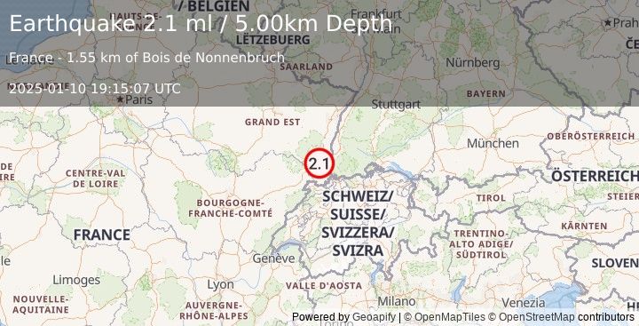 Earthquake FRANCE-GERMANY BORDER REGION (2.1 ml) (2025-01-10 19:15:07 UTC)