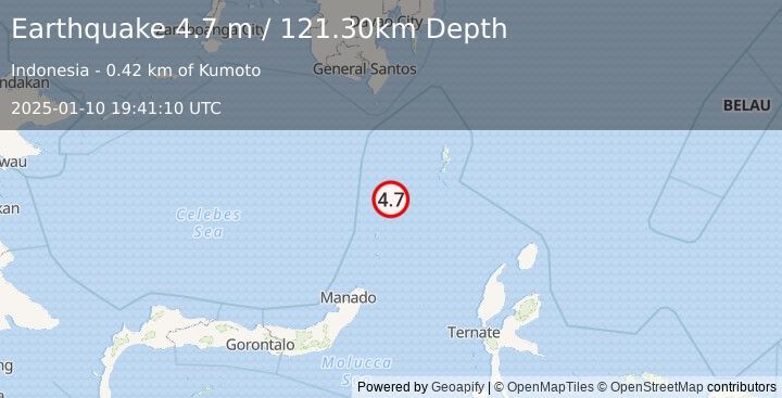 Earthquake KEPULAUAN SANGIHE, INDONESIA (4.7 m) (2025-01-10 19:41:10 UTC)