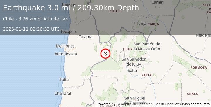 Earthquake ANTOFAGASTA, CHILE (3.0 ml) (2025-01-11 02:26:33 UTC)