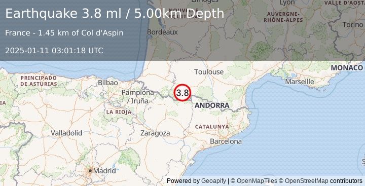 Earthquake PYRENEES (3.7 ml) (2025-01-11 03:01:16 UTC)