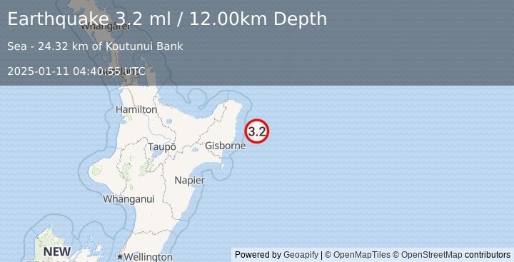 Earthquake OFF E. COAST OF N. ISLAND, N.Z. (3.2 ml) (2025-01-11 04:40:55 UTC)