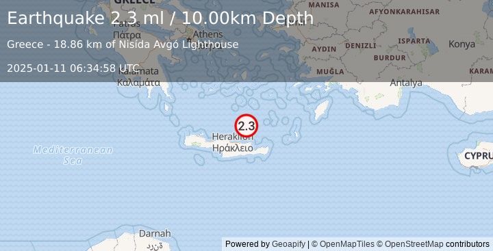 Earthquake CRETE, GREECE (2.3 ml) (2025-01-11 06:34:58 UTC)