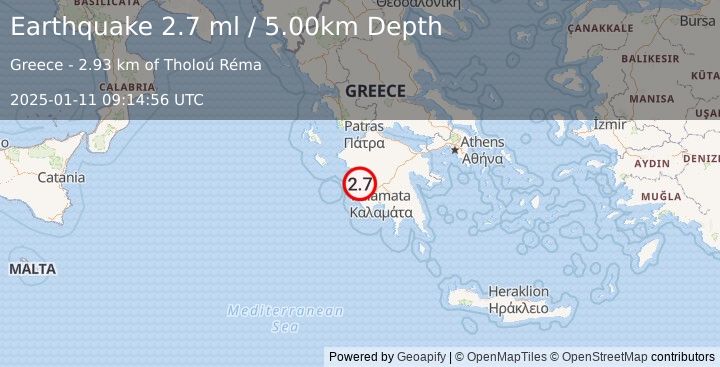 Earthquake SOUTHERN GREECE (2.7 ml) (2025-01-11 09:14:56 UTC)