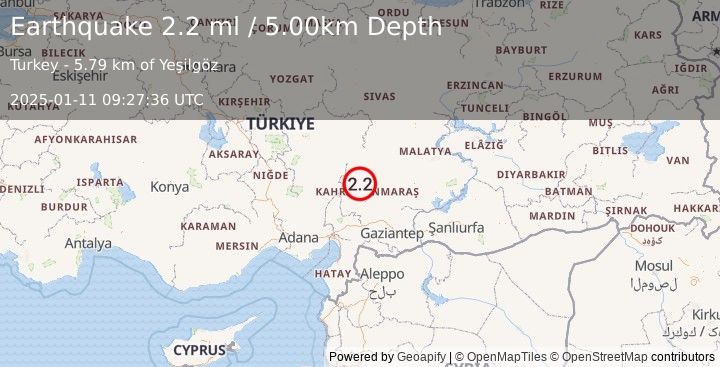 Earthquake CENTRAL TURKEY (2.2 ml) (2025-01-11 09:27:37 UTC)