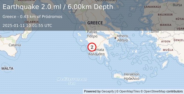 Earthquake SOUTHERN GREECE (2.0 ml) (2025-01-11 10:01:55 UTC)