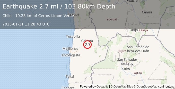 Earthquake ANTOFAGASTA, CHILE (2.7 ml) (2025-01-11 11:28:43 UTC)