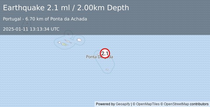 Earthquake AZORES ISLANDS, PORTUGAL (2.1 ml) (2025-01-11 13:13:34 UTC)