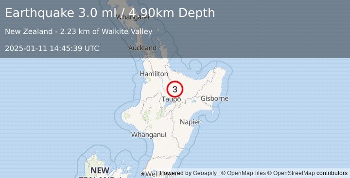 Earthquake NORTH ISLAND OF NEW ZEALAND (3.0 ml) (2025-01-11 14:45:39 UTC)