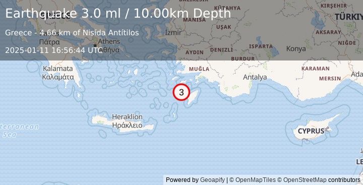 Earthquake DODECANESE IS.-TURKEY BORDER REG (3.0 ml) (2025-01-11 16:56:44 UTC)