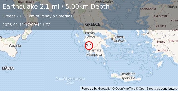 Earthquake SOUTHERN GREECE (2.1 ml) (2025-01-11 17:09:11 UTC)