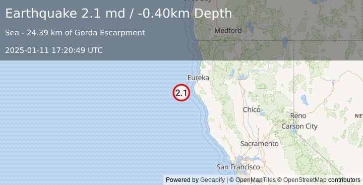 Earthquake OFFSHORE NORTHERN CALIFORNIA (2.1 md) (2025-01-11 17:20:49 UTC)