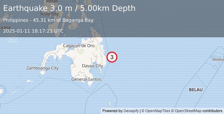 Earthquake MINDANAO, PHILIPPINES (3.0 m) (2025-01-11 18:17:21 UTC)