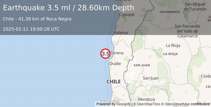 Earthquake OFFSHORE COQUIMBO, CHILE (3.5 ml) (2025-01-11 19:00:28 UTC)