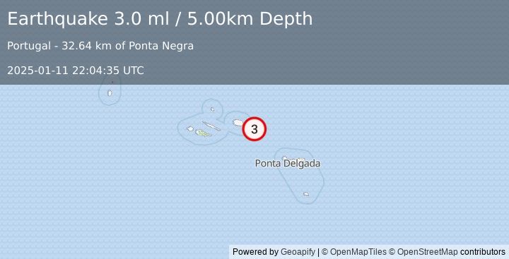 Earthquake AZORES ISLANDS, PORTUGAL (3.0 ml) (2025-01-11 22:04:35 UTC)