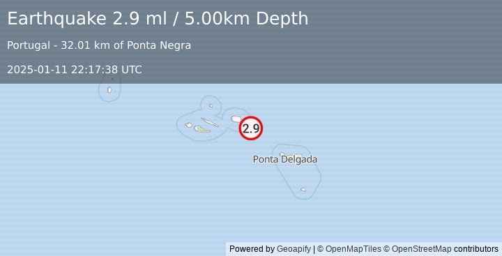 Earthquake AZORES ISLANDS, PORTUGAL (2.9 ml) (2025-01-11 22:18:30 UTC)