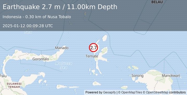 Earthquake HALMAHERA, INDONESIA (2.7 m) (2025-01-12 00:09:28 UTC)