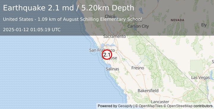 Earthquake SAN FRANCISCO BAY AREA, CALIF. (2.1 md) (2025-01-12 01:05:19 UTC)