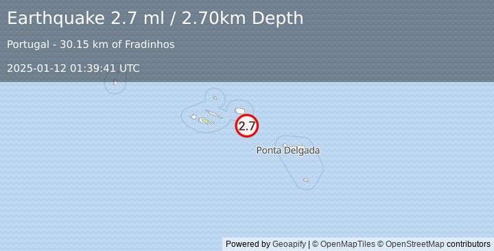 Earthquake AZORES ISLANDS, PORTUGAL (2.7 ml) (2025-01-12 01:39:41 UTC)