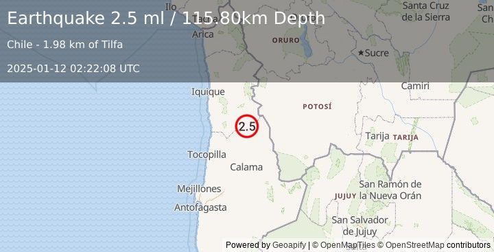 Earthquake TARAPACA, CHILE (2.5 ml) (2025-01-12 02:22:08 UTC)