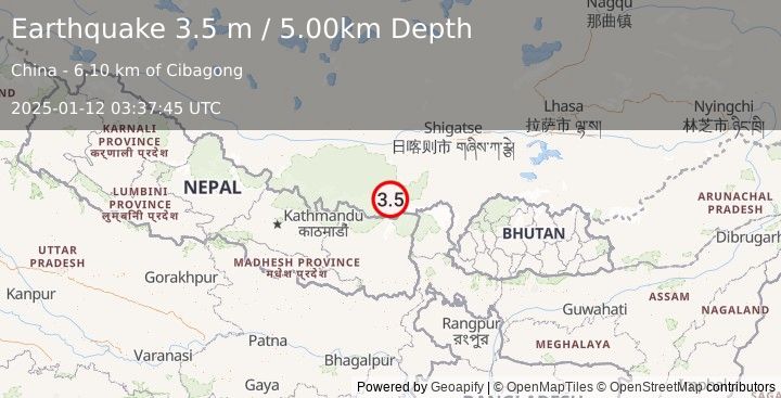 Earthquake WESTERN XIZANG (3.5 m) (2025-01-12 03:37:45 UTC)