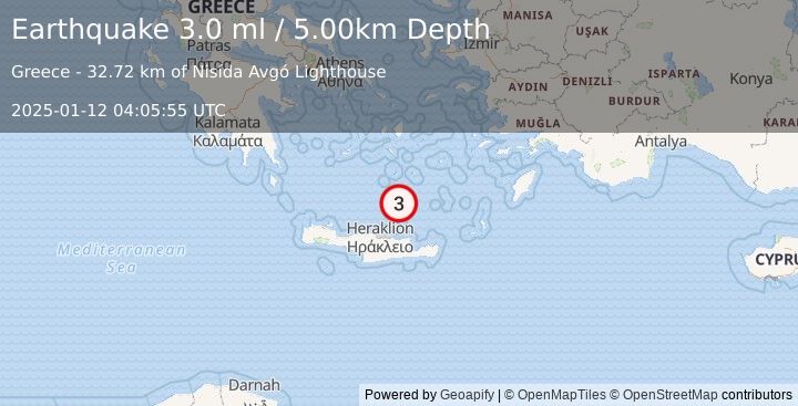 Earthquake CRETE, GREECE (3.0 ml) (2025-01-12 04:05:55 UTC)