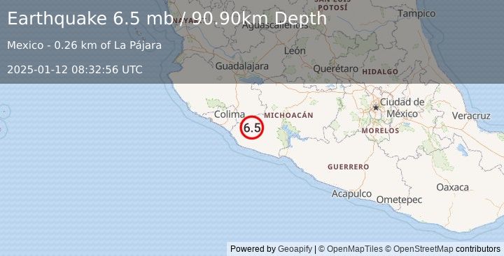 Earthquake MICHOACAN, MEXICO (6.2 mw) (2025-01-12 08:32:55 UTC)