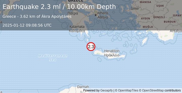 Earthquake CRETE, GREECE (2.3 ml) (2025-01-12 09:08:56 UTC)