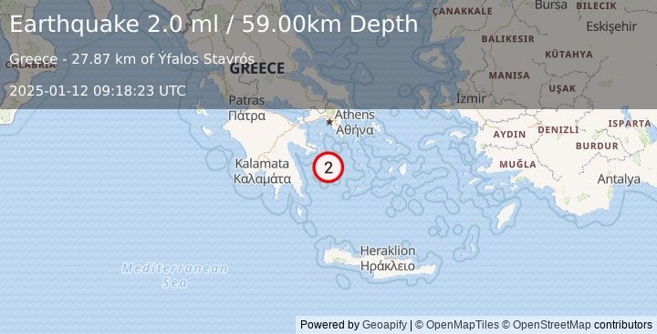 Earthquake SOUTHERN GREECE (2.0 ml) (2025-01-12 09:18:23 UTC)