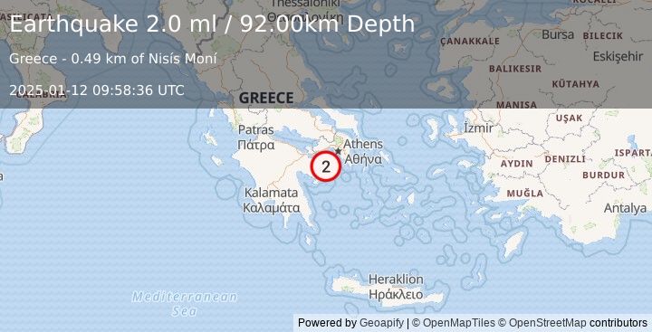 Earthquake SOUTHERN GREECE (2.0 ml) (2025-01-12 09:58:36 UTC)