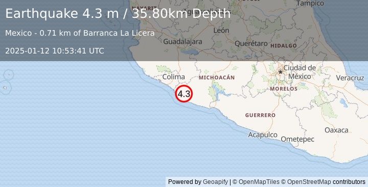 Earthquake MICHOACAN, MEXICO (4.3 m) (2025-01-12 10:53:41 UTC)