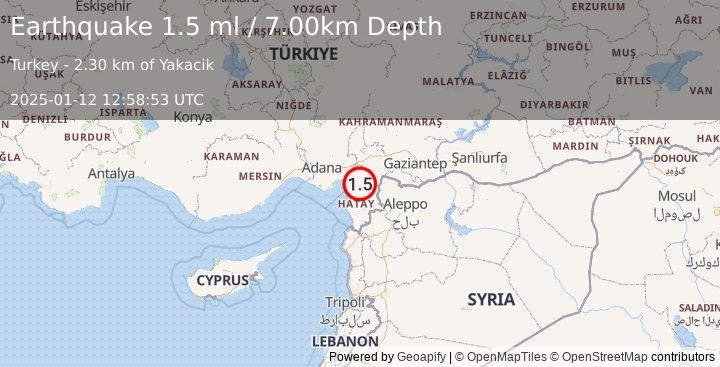 Earthquake TURKEY-SYRIA BORDER REGION (1.5 ml) (2025-01-12 12:58:53 UTC)