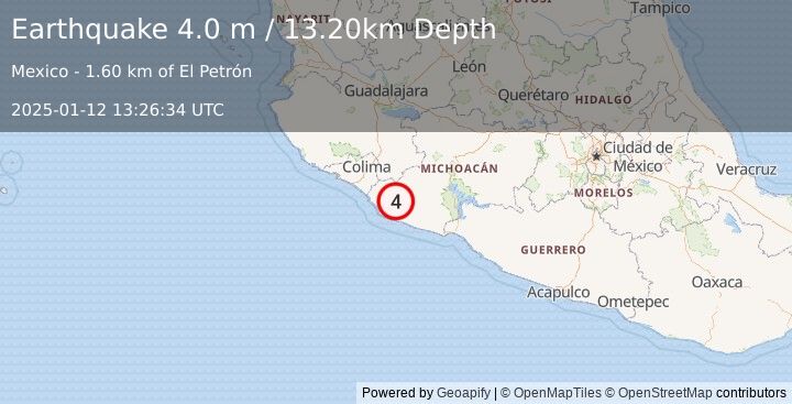 Earthquake MICHOACAN, MEXICO (4.0 m) (2025-01-12 13:26:34 UTC)