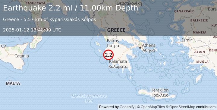 Earthquake SOUTHERN GREECE (2.2 ml) (2025-01-12 13:48:09 UTC)