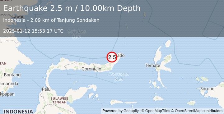 Earthquake MINAHASA, SULAWESI, INDONESIA (2.5 m) (2025-01-12 15:53:17 UTC)