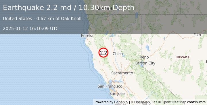 Earthquake NORTHERN CALIFORNIA (2.2 md) (2025-01-12 16:10:09 UTC)