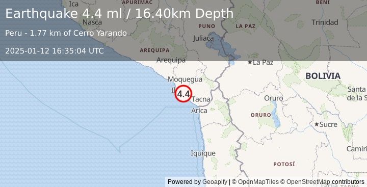 Earthquake NEAR COAST OF SOUTHERN PERU (4.4 ml) (2025-01-12 16:35:04 UTC)