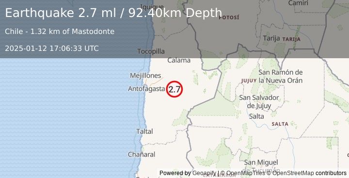 Earthquake ANTOFAGASTA, CHILE (2.7 ml) (2025-01-12 17:06:33 UTC)