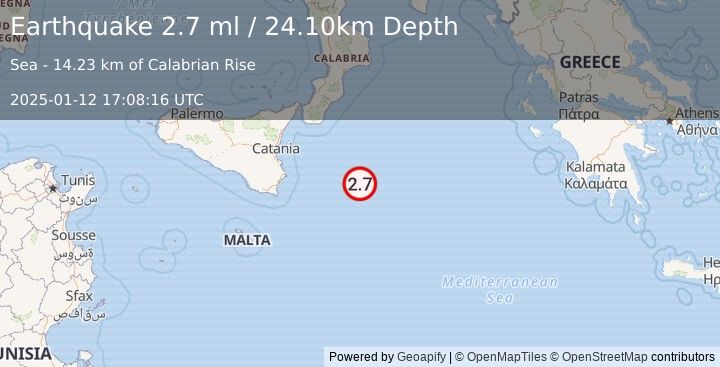 Earthquake CENTRAL MEDITERRANEAN SEA (2.7 ml) (2025-01-12 17:08:16 UTC)