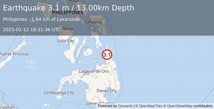 Earthquake MINDANAO, PHILIPPINES (3.1 m) (2025-01-12 18:31:36 UTC)