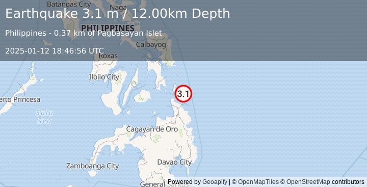 Earthquake MINDANAO, PHILIPPINES (3.1 m) (2025-01-12 18:46:56 UTC)