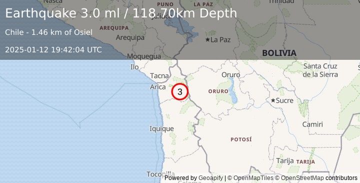 Earthquake TARAPACA, CHILE (3.0 ml) (2025-01-12 19:42:04 UTC)