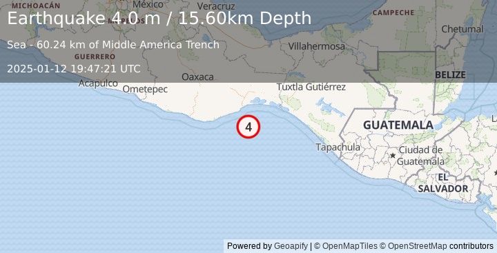 Earthquake OFFSHORE OAXACA, MEXICO (4.0 m) (2025-01-12 19:47:21 UTC)