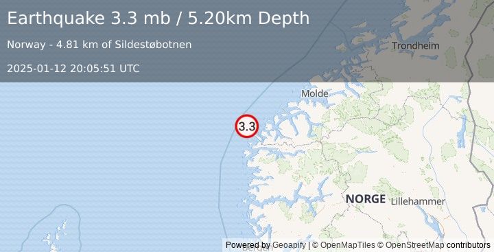 Earthquake NORWEGIAN SEA (3.3 mb) (2025-01-12 20:05:51 UTC)