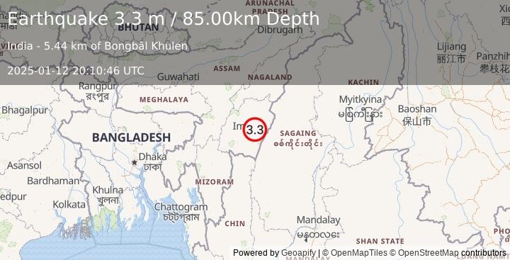 Earthquake MYANMAR-INDIA BORDER REGION (3.3 m) (2025-01-12 20:10:46 UTC)